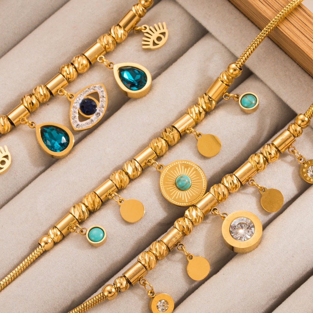 Wholesale Stainless Steel Retro Light Luxury Design Sense Devil's Eye Turquoise Glass Drill Titanium Steel Bracelet Jewelry